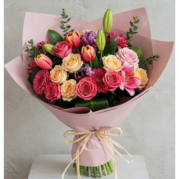 Pink and peach bouquet with roses, tulips, lilies, and chrysanthemums wrapped in blush paper
