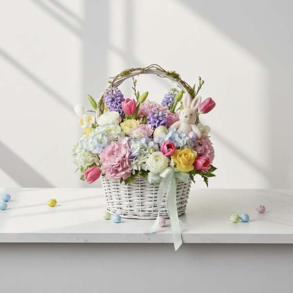 Pastel flower basket with a plush bunny and ribbon