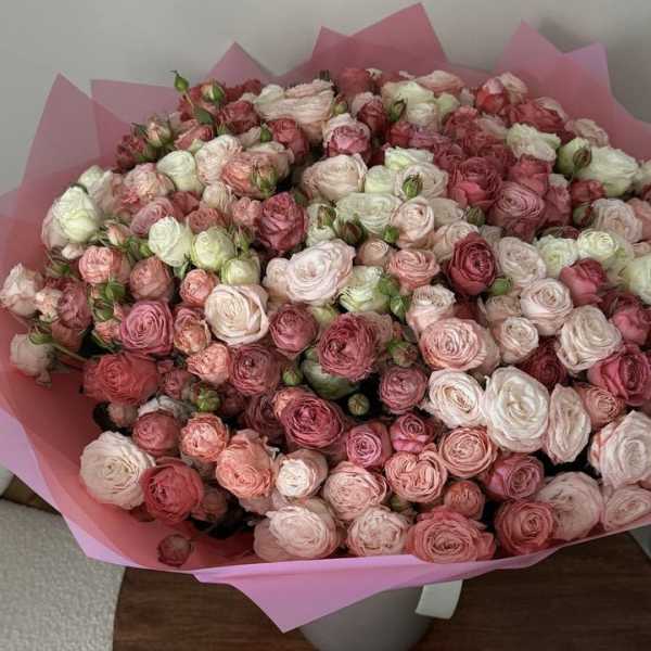 Large bouquet of pink and white roses wrapped in pink paper