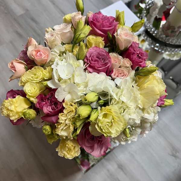 Bouquet of pink, cream, and yellow roses with white hydrangeas