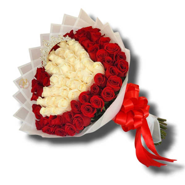 Bouquet of red and white roses with a red ribbon