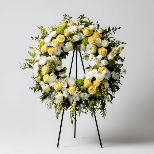 Standing wreath of yellow roses and white chrysanthemums on a black easel.
