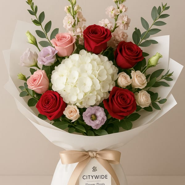 Bouquet of red and pink roses with white hydrangea in white wrap