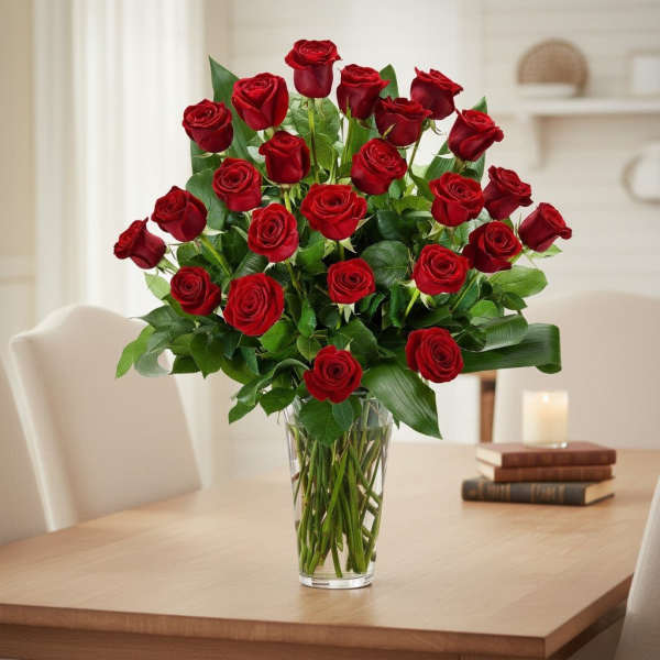 Tall bouquet of long-stemmed red roses in a clear glass vase on a dining table.