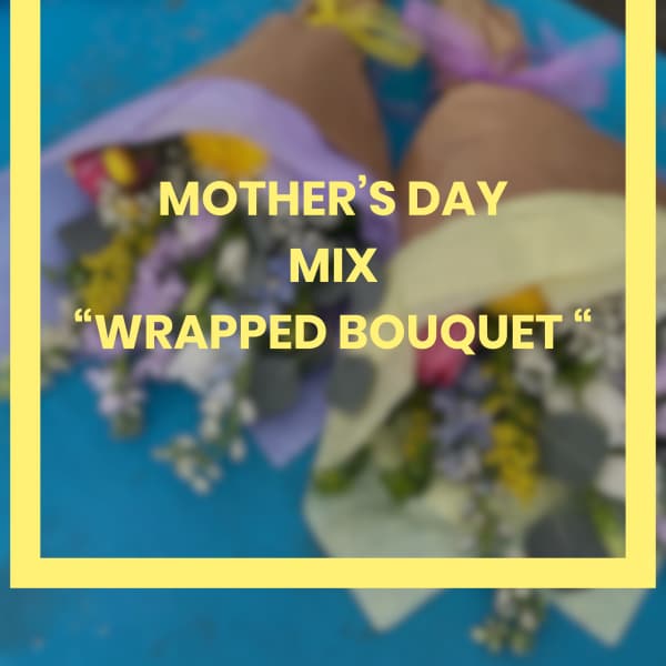Colorful mixed flower bouquets wrapped in pastel paper on a blue surface with text overlay.