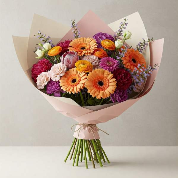 Mixed bouquet of gerbera daisies, ranunculus, and carnations in pink wrapping