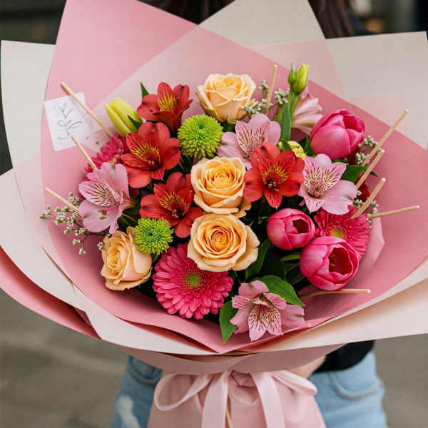 Pink and peach bouquet with roses, tulips, and mixed blooms wrapped in pink paper