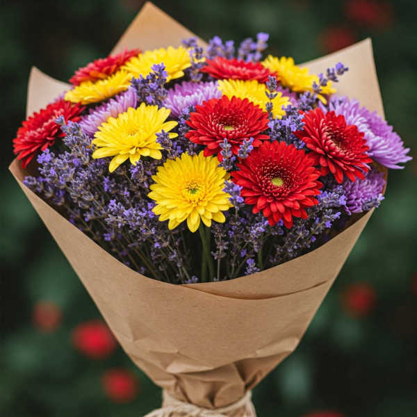 Bouquet of red, yellow, and purple daisies wrapped in brown paper