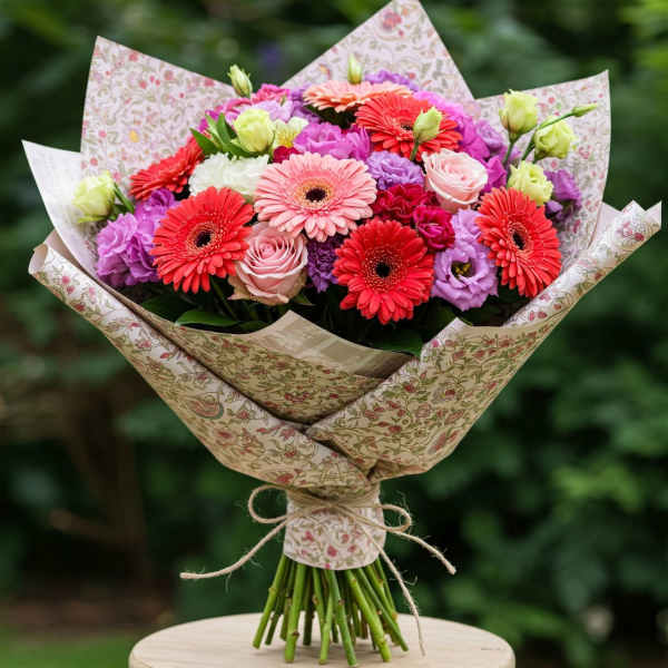 Mixed bouquet of pink, red, and purple flowers wrapped in floral paper
