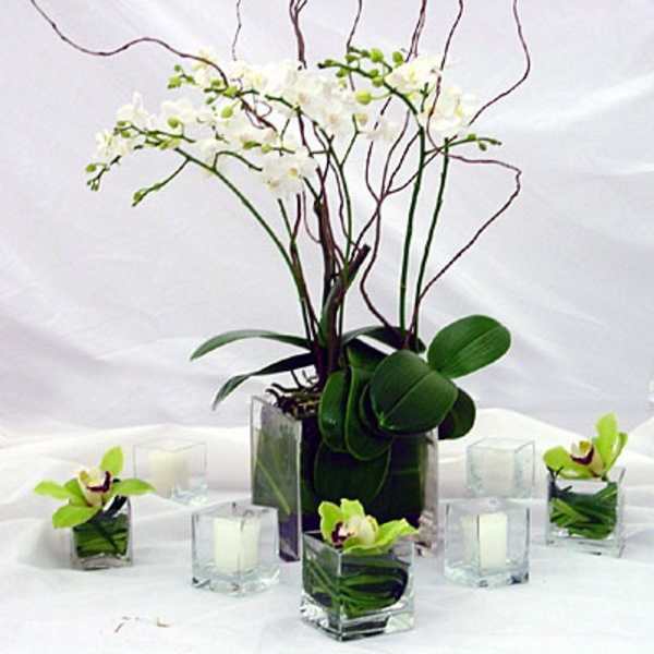 White orchid arrangement in a square glass vase with small candle holders