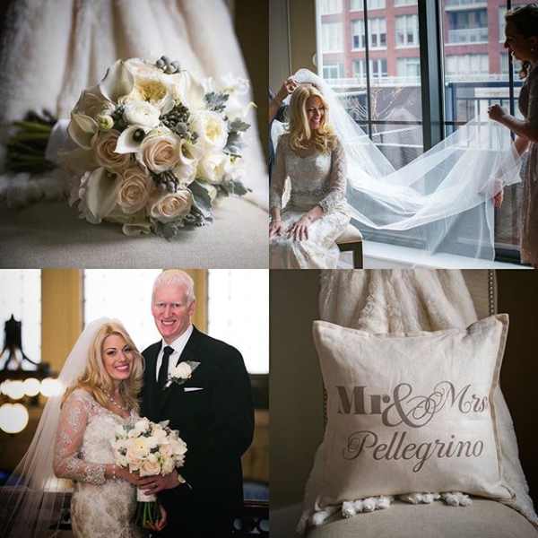 Wedding collage with a bridal bouquet, bride portraits, and a Mr & Mrs pillow.