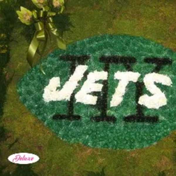 Green floral football with white "JETS" lettering