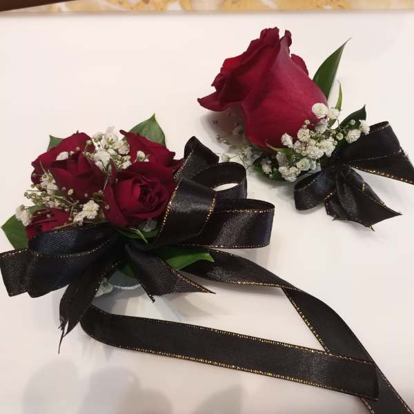 Black Ribbon Affair – Corsage and Boutonnière Set