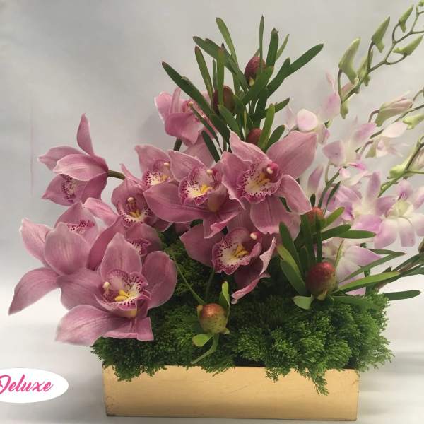 Pink orchids arranged in a rectangular box with green foliage