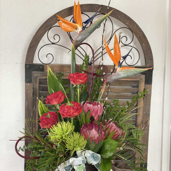 Tall floral arrangement with orange bird-of-paradise and red blooms in a dark vase
