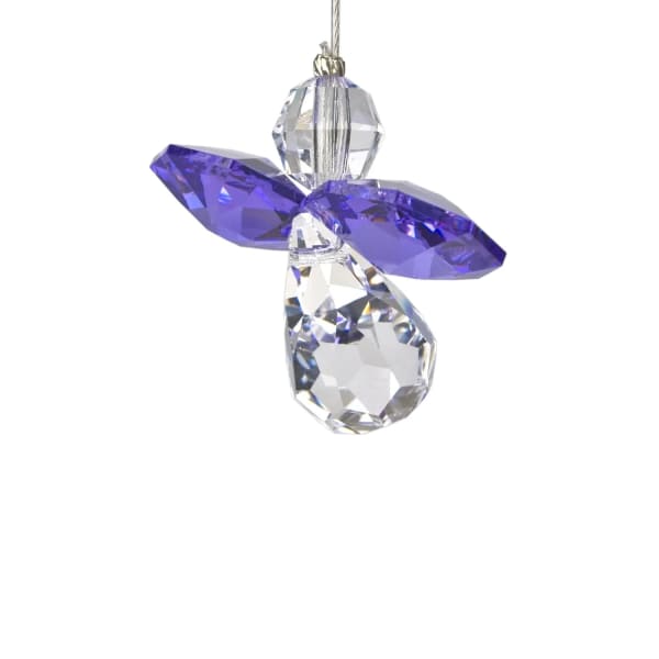 Purple and clear faceted crystal angel ornament hanging on a cord