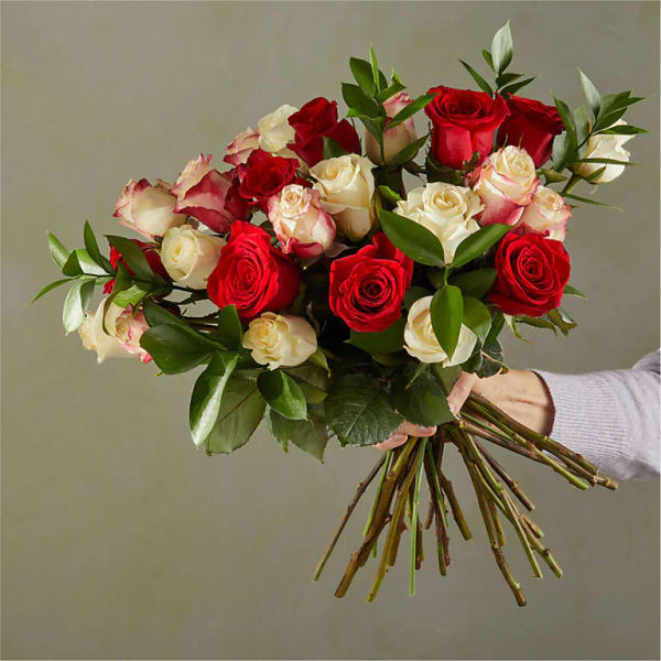 Handheld bouquet of red and white roses with greenery