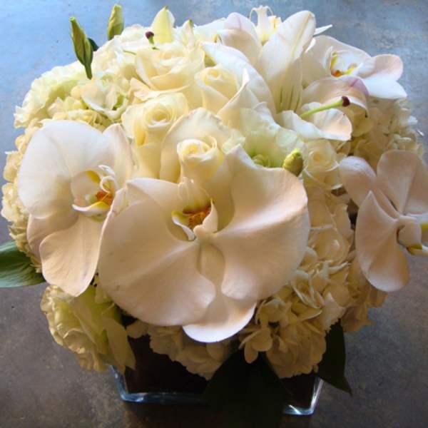 All white hydrangea, Casablanca lilies, and orchids in a square glass vase.