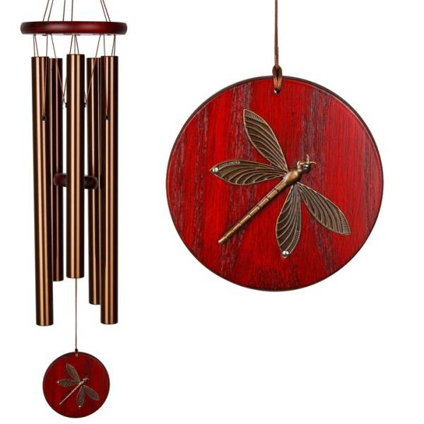 Red wooden wind chime with bronze tubes and dragonfly medallions