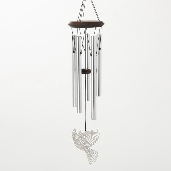 Silver wind chime with a bird ornament hanging below