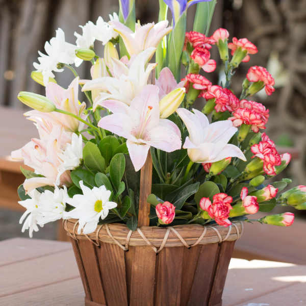 Basket of mixed flowers with lilies, irises, daisies, and carnations