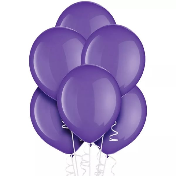 Cluster of purple balloons with white curling ribbons