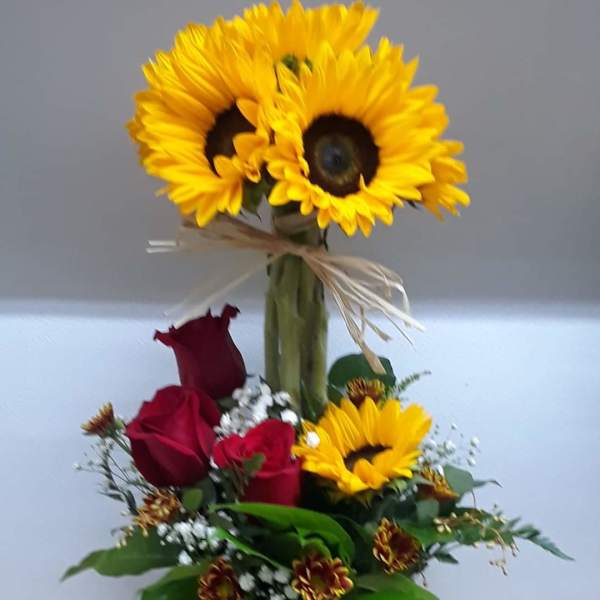 Sunflowers and red roses arranged in a metal bucket