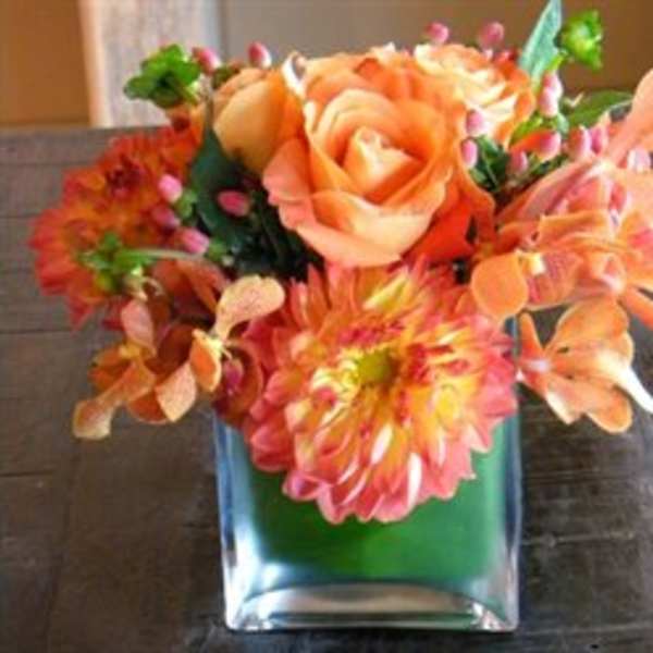 Orange floral arrangement in a square glass vase