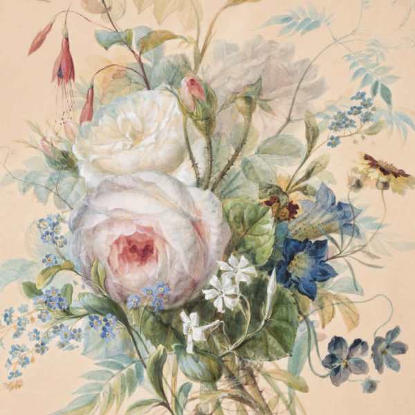 Watercolor floral bouquet with large white and pink blooms