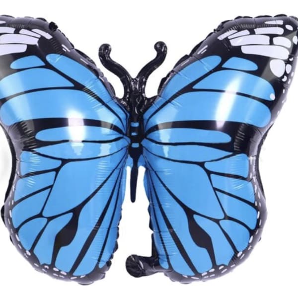 Blue butterfly-shaped foil balloon with black and white wing details