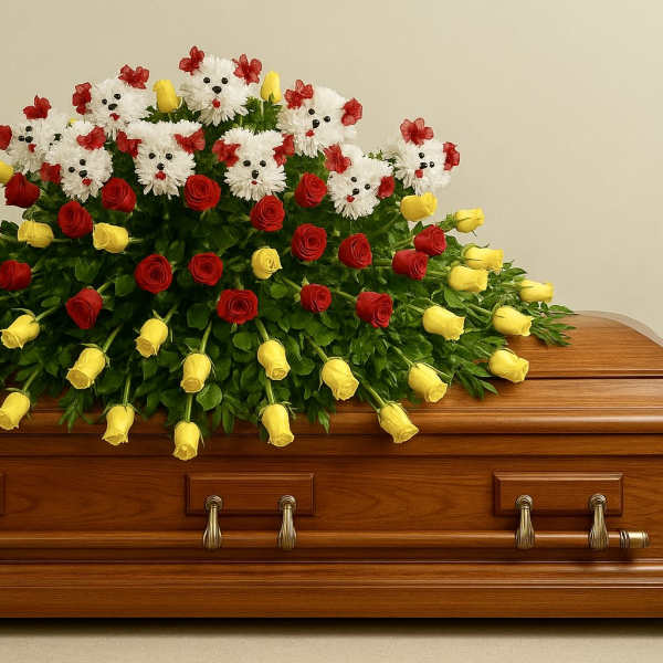 Casket spray of yellow and red roses with white dog-shaped mums on a wooden coffin