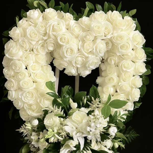 Heart-shaped standing wreath of white roses with cascading white lilies and blooms