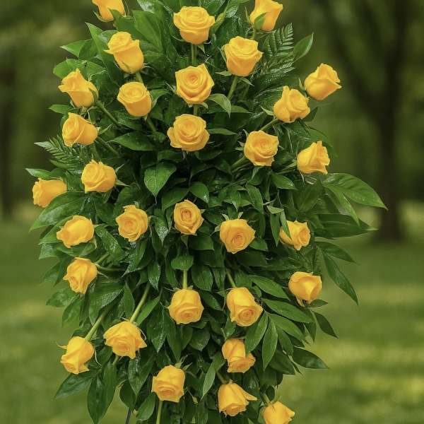 Standing spray of yellow roses with abundant glossy greenery on a metal easel