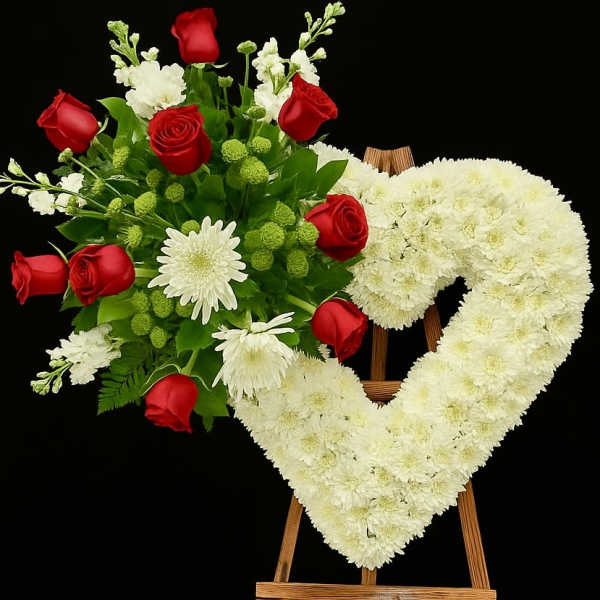 Heart-shaped white floral wreath on an easel with red roses and white flowers