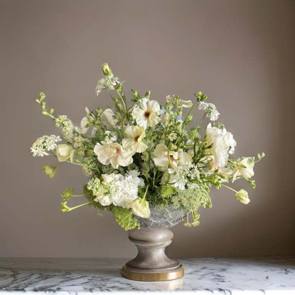White floral arrangement in a gray pedestal vase