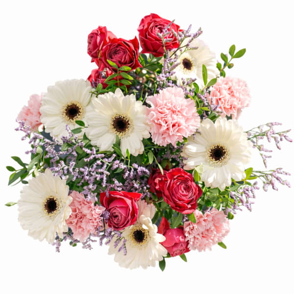 Bouquet of red roses, white gerbera daisies, and pink carnations