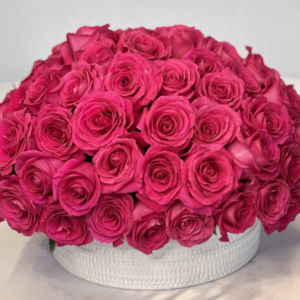 Round arrangement of hot pink roses in a white textured container