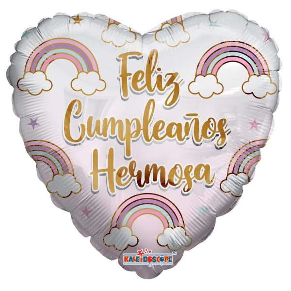 Heart-shaped balloon with rainbow graphics and "Feliz Cumpleaños Hermosa" text