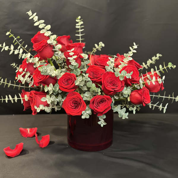 Red roses arranged in a dark glass vase with silver-green foliage