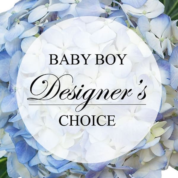 Blue and white hydrangea bouquet with a "Baby Boy Designer's Choice" label
