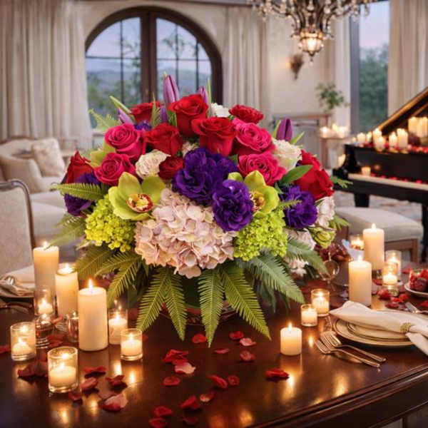 Large mixed flower centerpiece on a candlelit dining table with a grand piano in the background
