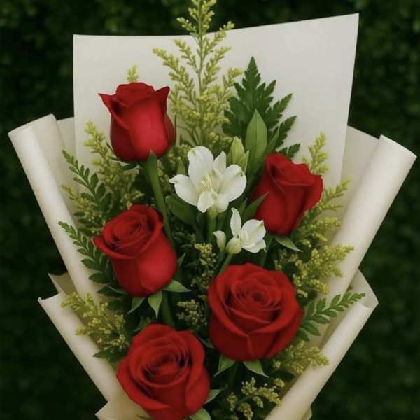 Bouquet of red roses and white flowers wrapped in cream paper with a ribbon