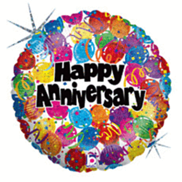 Colorful balloon graphic with "Happy Anniversary" text