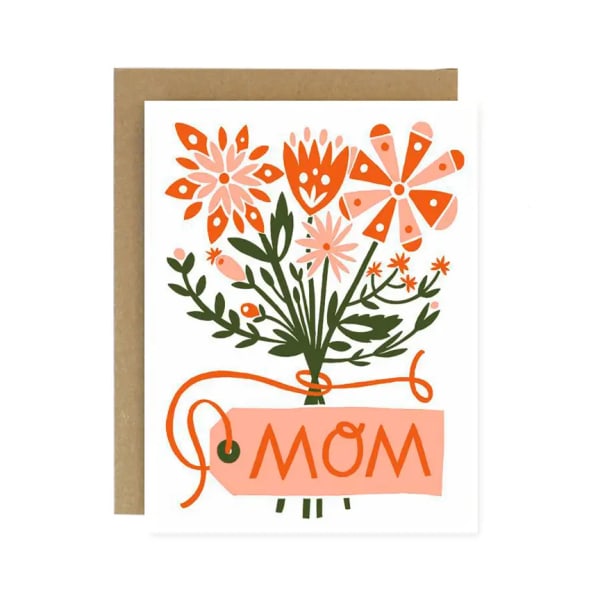 Greeting card with illustrated orange and pink flower bouquet labeled Mom