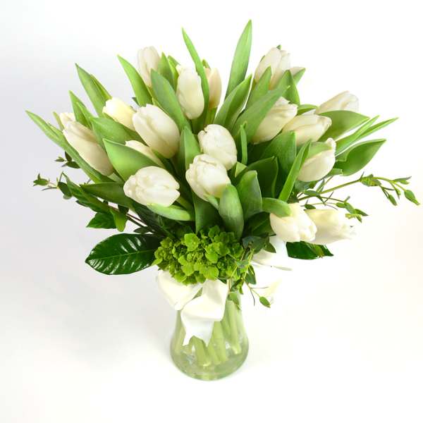 White tulip bouquet in a glass vase with a white ribbon