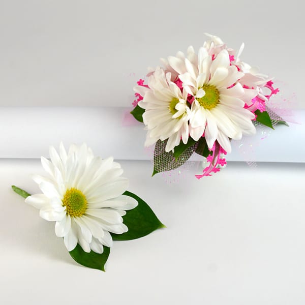 Two white daisy corsages with pink accents and green leaves