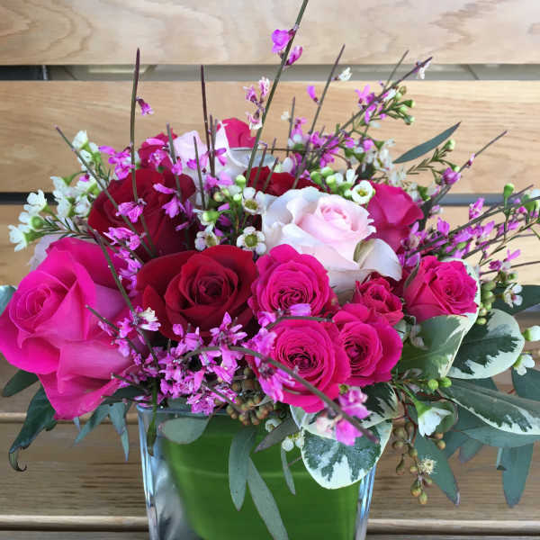 Pink and red roses arranged in a square glass vase