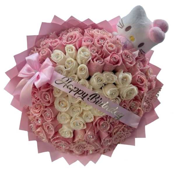 Pink and white rose bouquet with a Hello Kitty plush and birthday ribbon