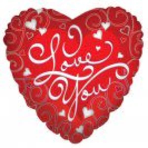 Heart-shaped red rose arrangement with white "I Love You" lettering