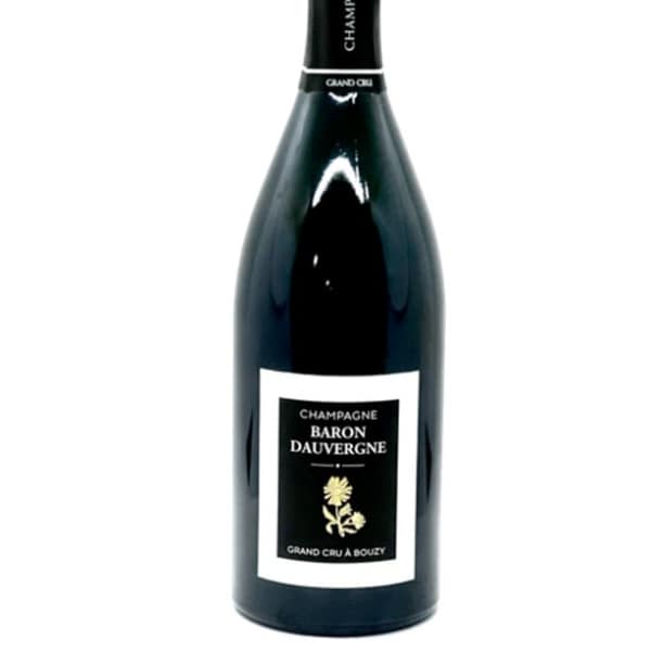 A bottle of champagne with a black label on a white background.